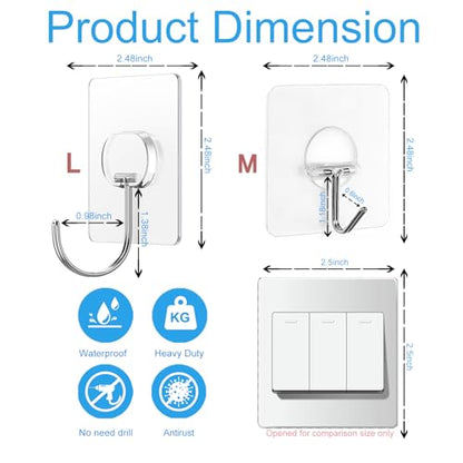 JINSHUNFA Adhesive Wall Hooks 13LB Heavy Duty No Drill Large Transparent Waterproof Hooks for Bathroom Kitchen Towel Coat 12 Pack - color: Clear, size: Large 12 Pcs