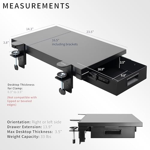 VIVO Black Clamp-on 24 x 14 in Desk Extender, DESK-EXT24D | Premium, Built-in Storage Drawer, Keyboard Tray, Side Table Extension Office Organizer - size: 24 x 14", style: Extender + Drawer