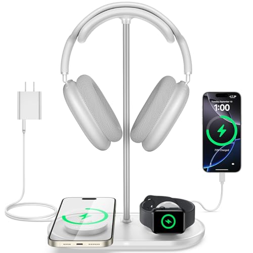 Airpod Max Charger Stand with 15W Wireless Charger, 4 in 1 Headphone Stand | Headset Holder for AirPods Max 2/Pro/iWatch/Vision Pro, Charging for iPhone 17/16/15/14/13/12/11/X, Aluminum Alloy Rod, White - color: Cream White