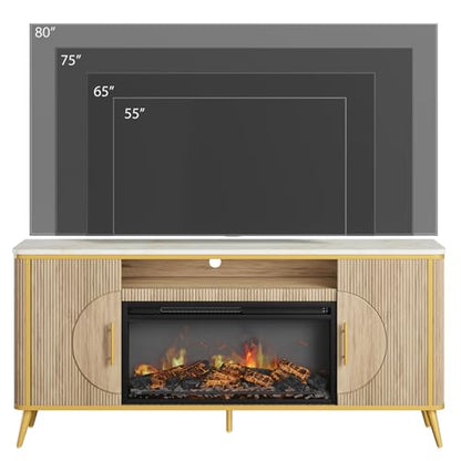Fluted Fireplace TV Stand Up to 80" TVs, Modern Entertainment Center with 30" Electric Fireplace, Luxury Media Console with Adjustable Shelves for Living Room, Nature Oak - color: Nature Oak