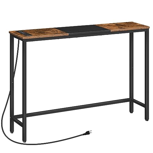 HOOBRO Narrow Console Table with Power Outlets, 44.9 Inches Sofa Table, Slim Behind Couch Table, Entryway Table with Display Shelf, for Living Room, Foyer, Hallway, Rustic Brown and Black BF114UXG01 - color: Rustic Brown + Black