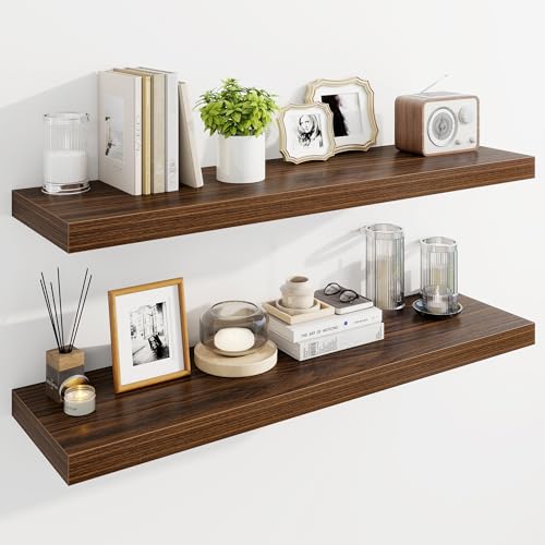 Marsmiles 40" Floating Shelves for Wall, Wooden Shelves with Invisible Brackets Set of 2, Rustic Farmhouse Wall Mounted Shelf for Kitchen Bathroom Living Room Study, Walnut - color: Walnut, size: 40"