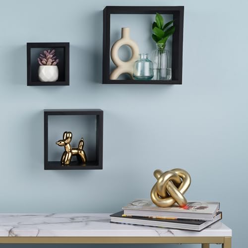 MELANNCO Floating Wall Square Cube Shelves for Bedroom, Living Room, Bathroom, Kitchen - Wood, Set of 3, Black - color: Black, size: Set of 3