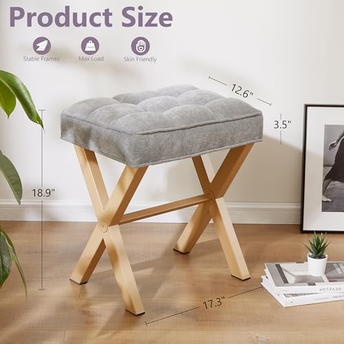 Royal Windsor Vanity Stool,Square Ottoman Stool Foot Rest,Upholstered Vanity Chair Foot Stool with Metal X Legs, Small Vanity Seat for Entryway,Bedroom and Living Room,Light Grey+Yellow - color: 12.6"d Light Grey+yellow