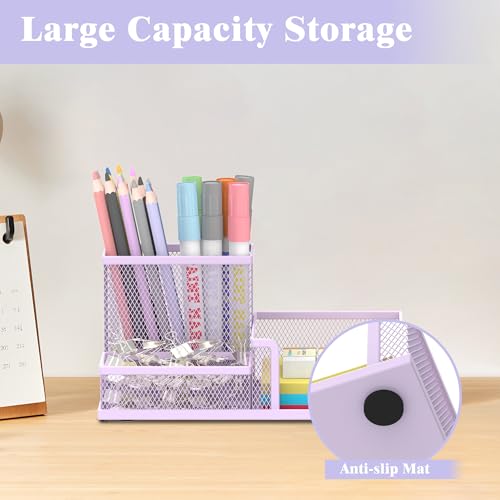 SUPEASY Mesh Pen Holder Desk Organizer, Office Supplies Pencil Storage with 3 Compartments, Office Desk Accessories and Workspace Organizers for Home School Classroom, Purple - color: Purple