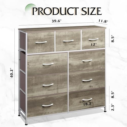 WLIVE 9-Drawer Dresser, Fabric Storage Tower for Bedroom, Hallway, Nursery, Closet, Tall Chest Organizer Unit with Fabric Bins, Steel Frame, Wood Top, Easy Pull Handle, Greige - color: Greige