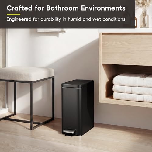 EKO Small Bathroom Trash Can with Lid Soft Close, Step Pedal, 10 Liter / 2.6 Gallon Stainless Steel Garbage Can with Removable Inner Bucket, Anti-Fingerprint Finish (Matte Black) - color: Matte Black, size: 10L