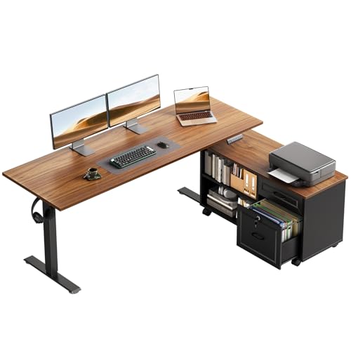OffiGo 55 Inch L Shaped Electric Standing Desk with Drawers & File Cabinet Sets, Executive Sit Stand Desk, Height Adjustable Computer Desk for Home Office, Writing, Workstation, Walnut+Black - color: Walnut+black, size: 55 Inch