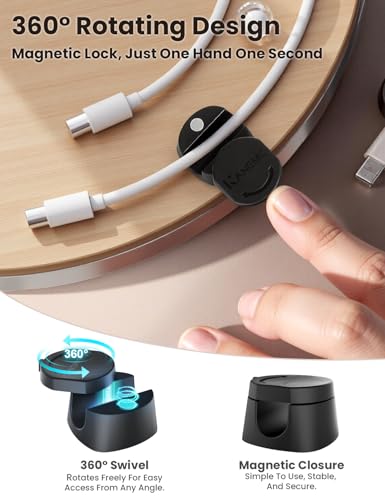 Kanemc 6 Pack Rotatable Cord Organizer,360°Spin Magnetic Cord Holder | Magnetic Cable Clips [1s Lock],Adhesive Cord Management, Phone Cord Holder for Home, Nightstand,Car, Office Desk Accessories - color: BLACK