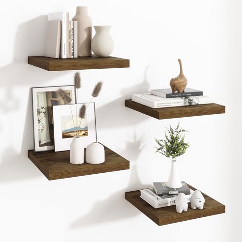 Fun Memories Square Floating Shelves for Wall - 12 Inch Deep Floating Shelves with Invisible Brackets, Brown Small Wall Shelf for Living Room, Bathroom, Bedroom, and Kitchen Decor Set of 4 - color: Brown, size: 12"W x12"D - 4P