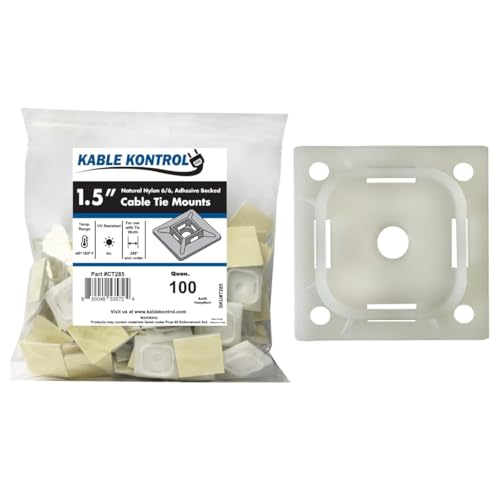 Kable Kontrol Zip Tie Mounts, 1-1/2” Sq, Natural White, 100 Pcs, Adhesive Backed Multi-Purpose Mounting Squares Nylon Cable Tie Wrap Anchor Pads for Cable Management - color: White, size: 1-1/2" Inch Square - 100 Pcs