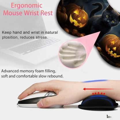 Large Gaming Mouse Pad + Mouse Wrist Rest Pad + Coaster Combination, 31.5 "x 11.8" Durable Non-Slip Extension Table Mat, Suitable for Office and Home, Halloween Black Cat - color: Halloween Black Cat