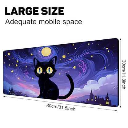 Black Cat Under Purple Starry Night Gaming Mouse Pad Large Desk Mat Extended Keyboard Anime Mousepad with Non-Slip Base and Stitched Edge for Desk Home Office Gaming,31.5 x 11.8 Inch - color: Black Cat under Purple Starry Night, size: 11.8*31.5inch