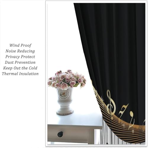 Music Musical Note Curtains, Black White Piano Key Golden Musical Notes Window Drapes for Home Bedroom Living Room 42" W X 45" L(No Blackout) - color: Musical-4, size: 20.5"W x 45"L (Pack of 2)