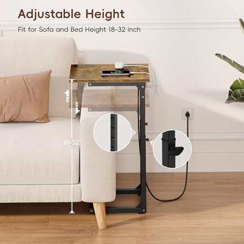 Vagusicc C Shaped End Table with Charging Station, 33"Tall Side Table for Couch, C-Table End Table Adjustable Height Side Table,Slide Under Couch Table TV Tray Table for Sofa,Living Room,Bedroom,Brown - color: Rustic Brown, style: Charging Station