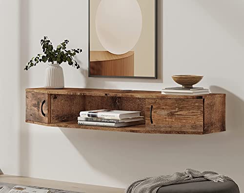 FITUEYES Floating TV Stand Wood Media Console, 4 Shelves, Wall Mounted, Vintage Design, Wire Management, Stable, Easy Installation - color: Rustic Brown