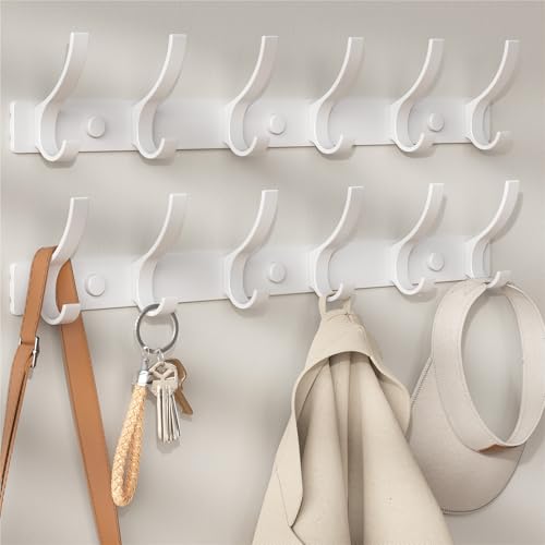 Optish Coat Rack Wall Mount, Coat Hook Wall Mount, Wall Hooks for Hanging, Hat Rack for Walls, Coats Hanger with 12 Hook, Towel Hooks for Bathrooms (2 Pack, White) - color: White, size: 2 Pack-12 Hook