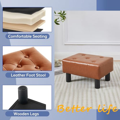 Small Foot Stool Ottoman, Faux Leather Footstool Ottoman Foot Rest for Couch, Rectangle Footstools and Ottomans Small for Living Room, Entryway and Bedroom (Bright Brown) - color: Bright Brown