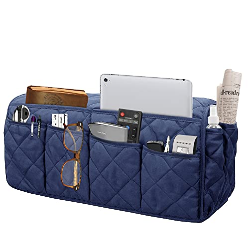 Armchair Caddy, Sofa Armrest Organizer with 14 Pockets, Waterproof Non Slip Recliner Remote Control Holder, Couch Chair Arm Storage for TV Remotes, Phone, iPad, Magazine, Books - color: Navy Blue