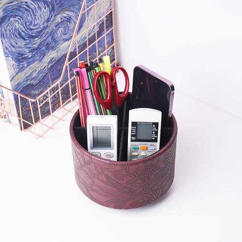 Round Leather Art Supply Organizer,Remote Control Holder,360 Degree Spinning,Multi-Functional Pencil Holder,4 Compartments Desktop Stationary Organizer(1-Carved Dark Brown) - color: 1-Carved Dark Brown