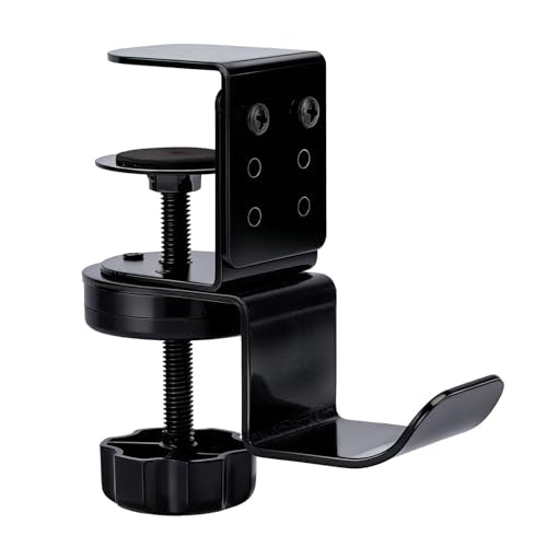 Heavy Duty Desk Hook Clamp, Carbon Steel 360° Rotating Under Desk Headset Stand Holder Clamps Adjustable Hook Clamp on Hanger Office Gaming Accessories for Headphone Purse Umbrellas (Black)