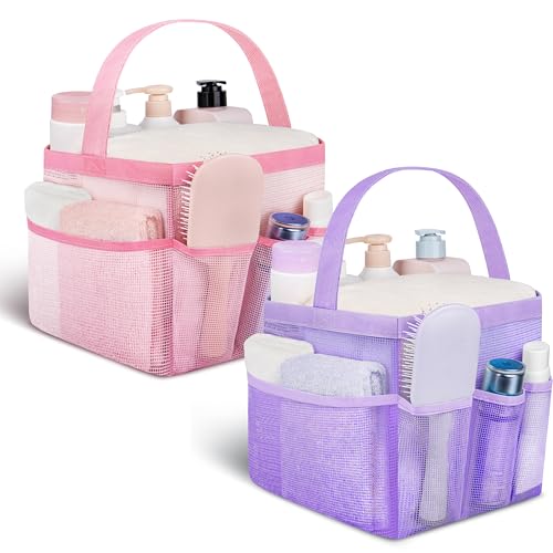 Attmu Mesh Shower Caddy Portable for College Dorm Room Camping Essentials, Shower Caddy Dorm with 9-Pockets, Large Capacity Hanging Basket Bathroom Bag for Toiletry, Swimming, Gym, Camp, Beach - color: pink purple