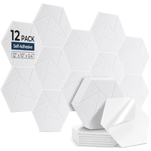 12 Pack Hexagon Acoustic Panels, 12" x 10" x 0.4" High-Density Sound Proof Panels for Walls, Self-Adhesive Acoustic Wall Panels for Studio, Home, Office, White - color: Triangular grooves - White, size: Hexagon - 12 Pack