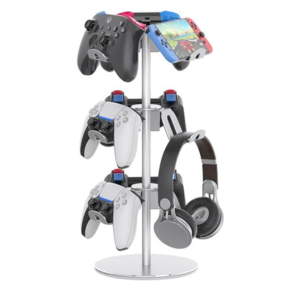 Controller Stand Compatible with Xbox PS5 PS4 Nintendo Switch Pro, 3 Tier Aluminum Gaming Headset Stand, Rotatable Headphone Controller Holder Organizer Rack, Universal & Large Capacity, Silver - color: Silver