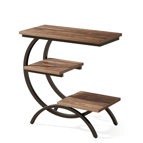 Tribesigns C-Shaped End Table, 3-Tier Industrial Sofa Side Table with Curved Metal Frame for Living Room, Bedroom, Couch, Small Space, Rustic Brown - color: Rustic Brown