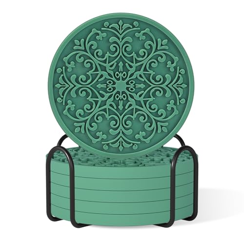 Drink Coasters, Coasters Set of 6 for Cup with Holder, Non-Slip Silicone Cup Mats for Hot and Cold Drinks, Cute Absorbent Coffee Bar Accessories Table Decor, Green - color: Green