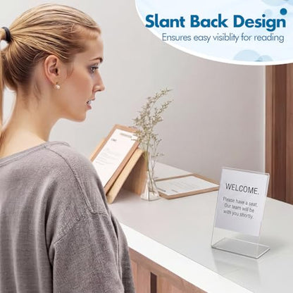 Qilery 4 Pcs Acrylic Sign Holder Clear Display Stand Frame Table Top Slant Back Plastic Sign Holder Flyer Document for Menu Workers Teachers Office School Desktop (4 x 6 Inch) - size: 4 x 6 Inch