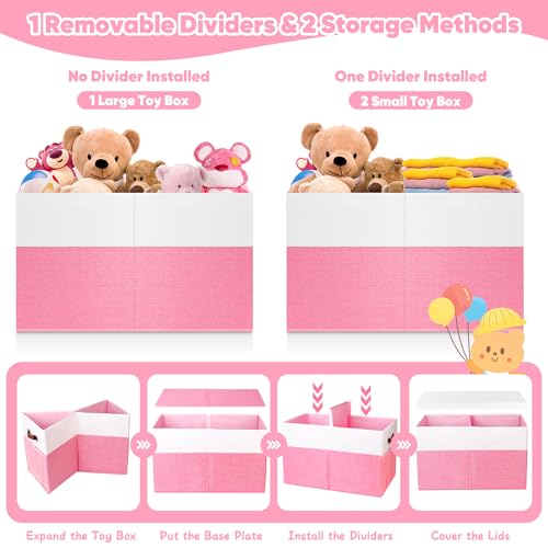 Mabahoo Large Toy Box, Collapsible Sturdy Storage Organize Chest Boxes With Lids, 25"x13"x16" Kids Toy Chest Bin Baskets for Living Room, Bedroom, Nursery, White & Pink - color: White and Pink