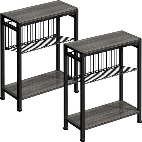 End Table Set of 2 for Small Space, 3-Tier Narrow Side Table with Magazine Holder,Slim Nightstand, Skinny Snack Couch Table in Living Room, Bedroom Study and Balcony (Grey) - color: Grey-2pcs