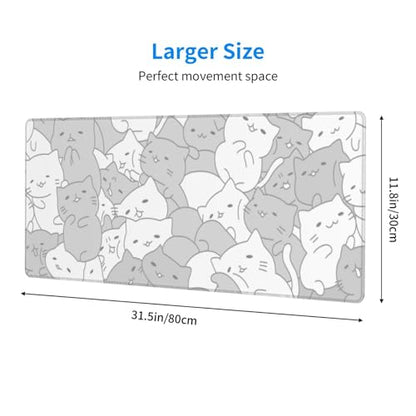 White Kawaii Cats E-Sport Mouse Pad Large Desk Mat Non-Slip Rubber Base Stitched Edge Keyboard Mouse Pad for Office Home E-Sport Computer Laptop, 31.5×11.8 Inches - color: White Kawaii Cats