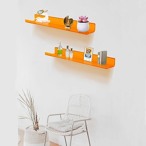 ROYALITA 24 Inches Acrylic Floating Book Shelves Wall Mounted Set of 2, Wall Hanging Plant Display Shelves, Room Decor Floating Wall Shelves for Gaming Room, Bedroom, Living Room, Office, Orange - color: Orange, size: 24 Inch