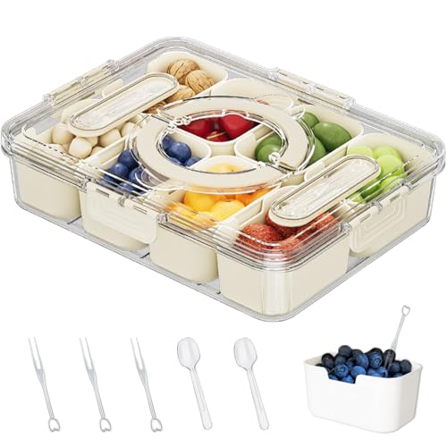 Large Divided Serving Tray with lid and handle Travel snack container Portable snackle box container for fruit, Party, Picnic -10 compartment with 3 forks and 2 spoons