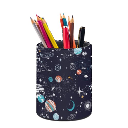 Galaxy Space Planets Pen Holder Pencil Cup for Desk Organizer | Cute Makeup Brush Holder PU Multifunctional Office Suppliesfor Decor Home Classroom School - color: Galaxy