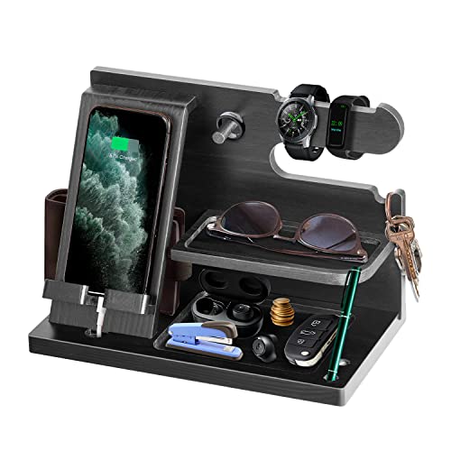 Gifts for Men Bedside Organiser Wood Phone Docking Station Dad Birthday Gifts for Him Nightstand Key Wallet Watch Stand Mens Gifts for Xmas Presents for Dad Husband Boyfriend Anniversary & Christmas - color: Black-5