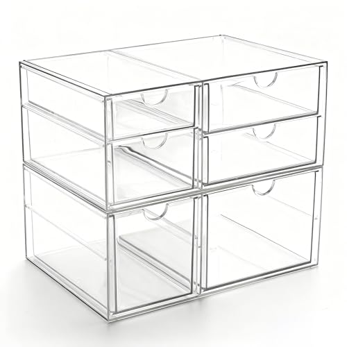 Prsildan Acrylic Makeup Organizer Clear Storage Drawer with 6 Small Drawers | Transparent, Vanity Organizers, For Bathroom Kitchen Cabinet Office Desk Under Sink, Set of 2 - style: 6 Drawers