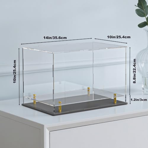 Acrylic Display Case for Collectibles, Dustproof Acrylic Box with Clear Display Elevation & Gold Risers, Large Display Case for Figures Toys Memorabilia, 14" L x 10" W x 10" H - size: 14"L x 10"W x 10"H