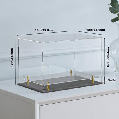Acrylic Display Case for Collectibles, Dustproof Acrylic Box with Clear Display Elevation & Gold Risers, Large Display Case for Figures Toys Memorabilia, 14" L x 10" W x 10" H - size: 14"L x 10"W x 10"H