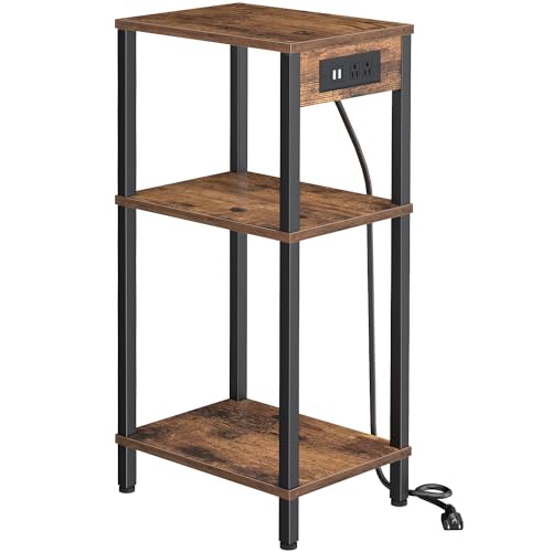 Creso hom Side Table with Charging Station, Tall End Tables Living Room, 30 Inch Skinny Night Stand with Storage, Small Bedside Tables for Bedroom, Office, Dorm, Hallway, Rustic Brown - color: Rustic Brown, size: 11"D x 15"W x 30"H