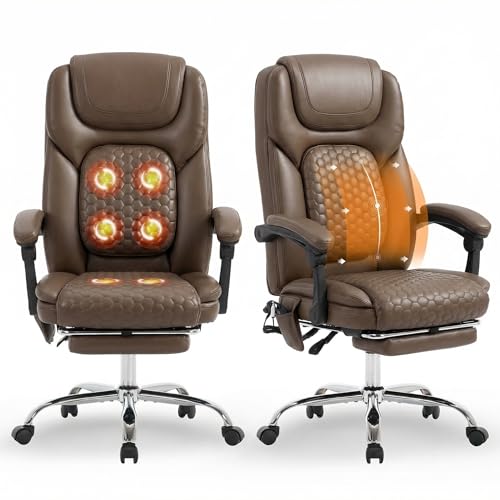 MALOL Massage Office Chair Set of 2 with 3-Level Heat and Footrest – 20-Min Easy Assembly, 300 lbs Big and Tall Desk Chair, PU Leather Ergonomic Executive Computer Chair with Side Pocket, Brown - color: Brown, size: Set of 2, style: Modern