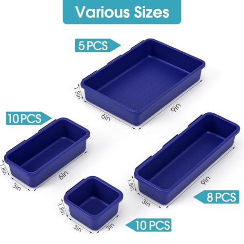 33 PCS Drawer Organizer Set, 4 Size Makeup Drawer Divider Organizer With Non-Slip Pads, Interlocking Plastic Storage Bins for Office,Jewelry Vanity,Gadgets, Bathroom,Kitchen, Navy - color: Navy, size: 33Pack