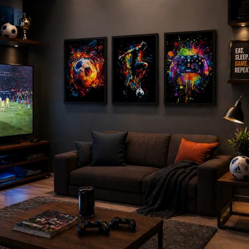 Soccer Gaming Wall Art Set Of 3 Black Framed Canvas Prints Neon Graffiti Soccer Ball Player And Controller Decor For Boys Room Teen Bedroom Game Room 12x16 Inches Each