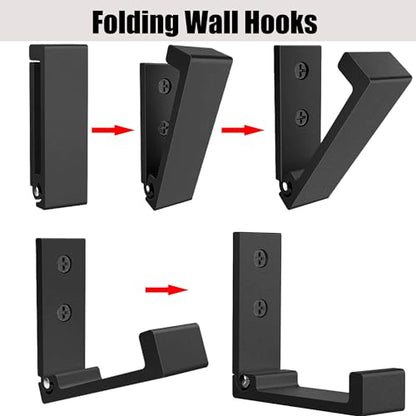 Folding Coat Hooks, Foldable Wall Hooks for Hanging Aluminum Alloy Cloth Hanger Coat Hanger Headphones Holder Headset Wall Hanger Hook- Pack of 4 - color: Black