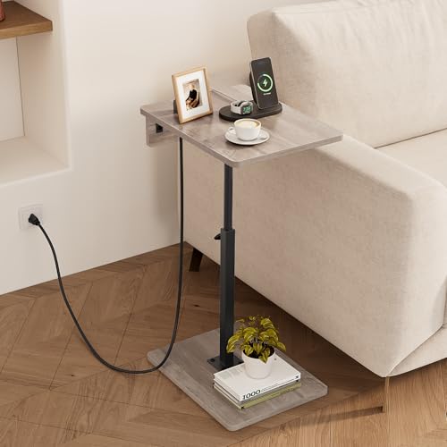 C Shaped End Table with Charging Station, Adjustable Height C Table End Table, 360°Swivel TV Tray Table for Small Spaces, Rounded Corners Couch Table, Side Tables Living Room for Sofa,Chair,Snack,Bed - color: Greige