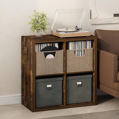 Furinno Cubicle Record Player Stand with Vinyl Storage, 4-Cube 1.2 Extra Thick Vinyl Record Storage, Open Back Media Shelf for CD DVD Blueray Game Disc, for Living Room, Home Office, Amber Pine - color: Amber Pine, size: Extra Thick, 4-Cube Standard
