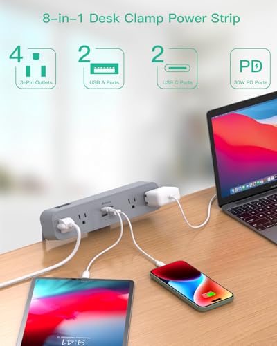 PD30W Desk Clamp Power Strip, Desktop Mount Surge Protector, Fast Charging Station, 5Ft Extension Cord Desk Mount Shelf with 4 Outlets 4 USB Ports (2 USB C), Home Office Accessories Essentials, Gray - color: Gray, size: PD30W