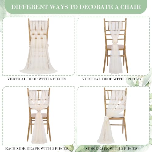 Moukeren 16 Packs Beige Pearls Chair Sashes 8ft Sheer Fabric Wedding Aisle Chair Decorations Fabric Sheer Church Seat Slipcovers Drapes with Ribbon Tape for Party Banquet Wedding Bridal Shower - color: Beige, style: Pearls